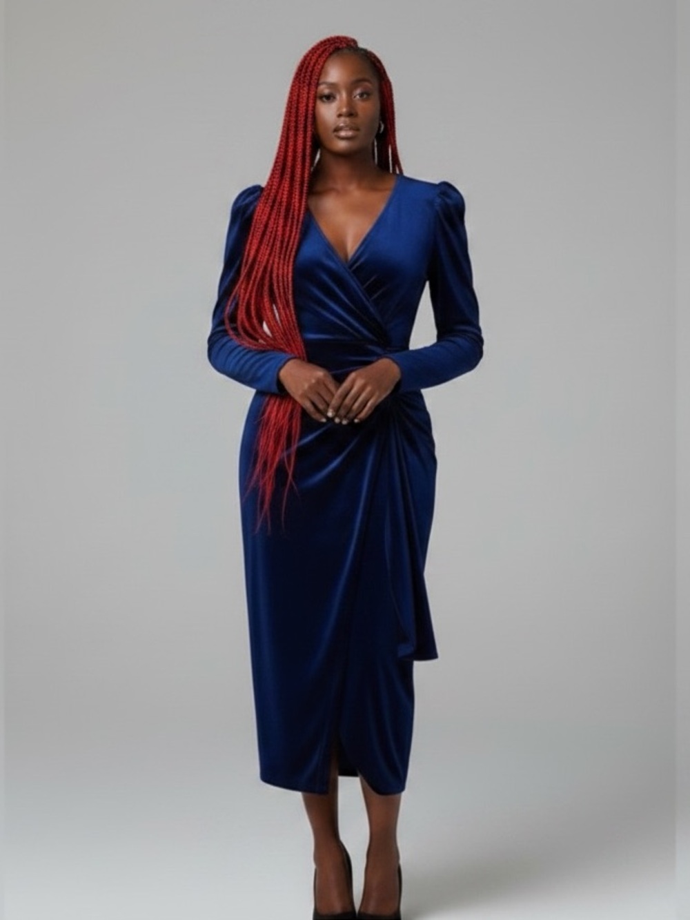 Elegant Navy Velvet Wrap Dress with architectural shoulder elements - Size 2xl